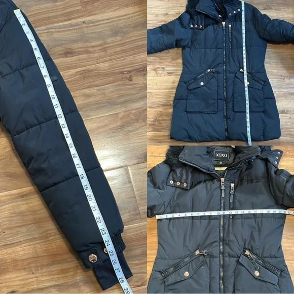 XOXO Women's Black Puffer Coat with Faux Fur Hood - Picture 7 of 8